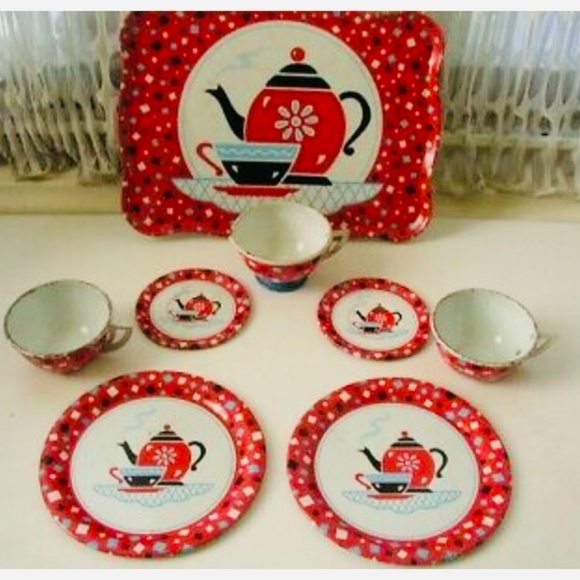1959, Coffee Time Ohio Art, 8 pc Tin Child’s Tea Set